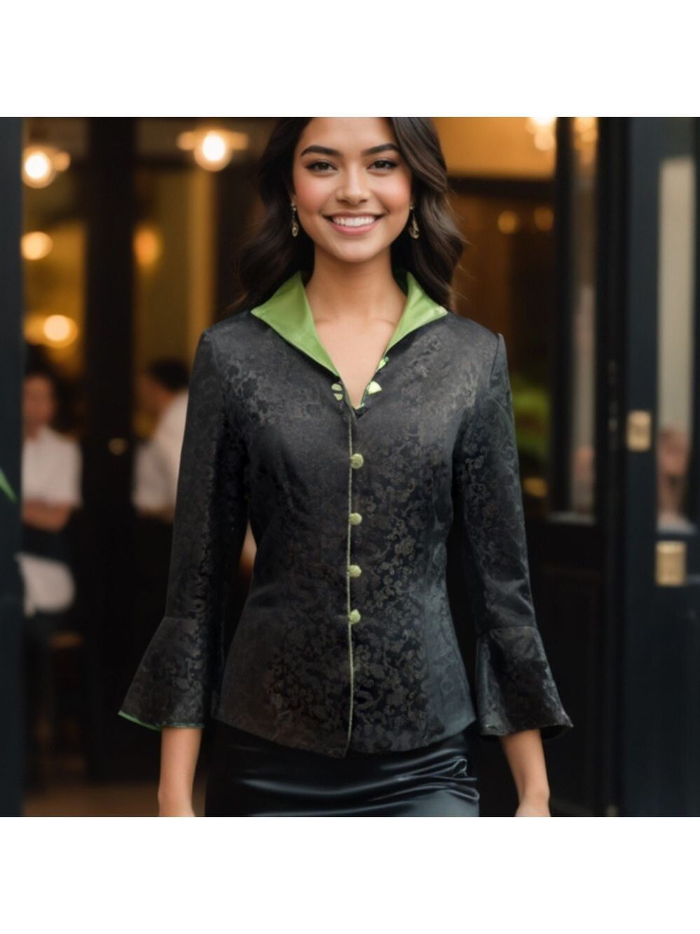 90s SILK & VISCOSE KEKE COLLECTION BLK DRAGONS JACKET & GREEN COLLAR & LINING S